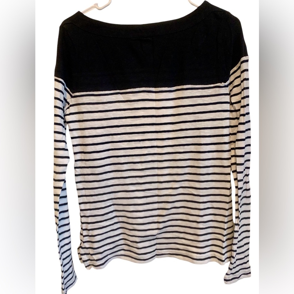 Loft small boatneck black and white striped top with buttons on shoulders